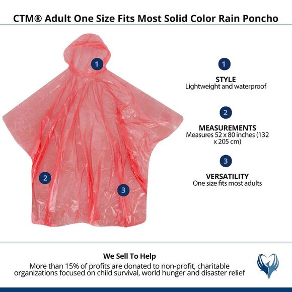 CTM Adult One Size Fits Most Solid Color Rain Poncho - Picture 3 of 3